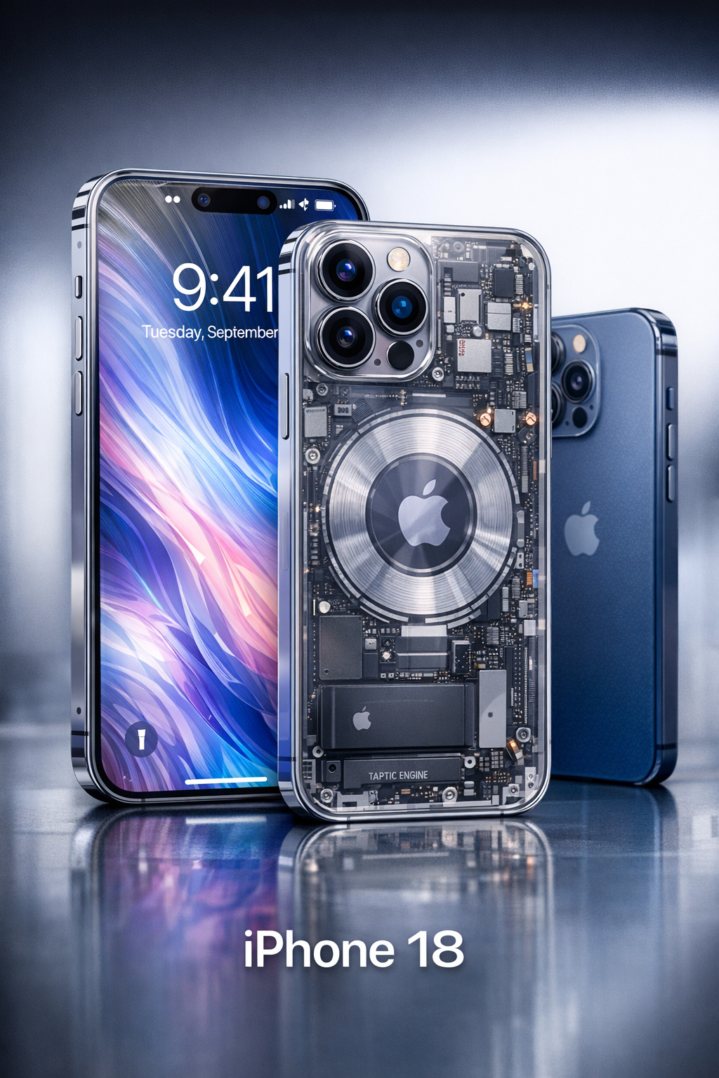 iPhone 18 Pro concept showing the transparent back panel design with visible internal components including the MagSafe charging coil
